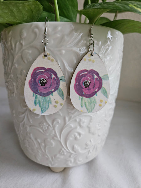 Wooden Fashion Decoupage Teardrop Earrings