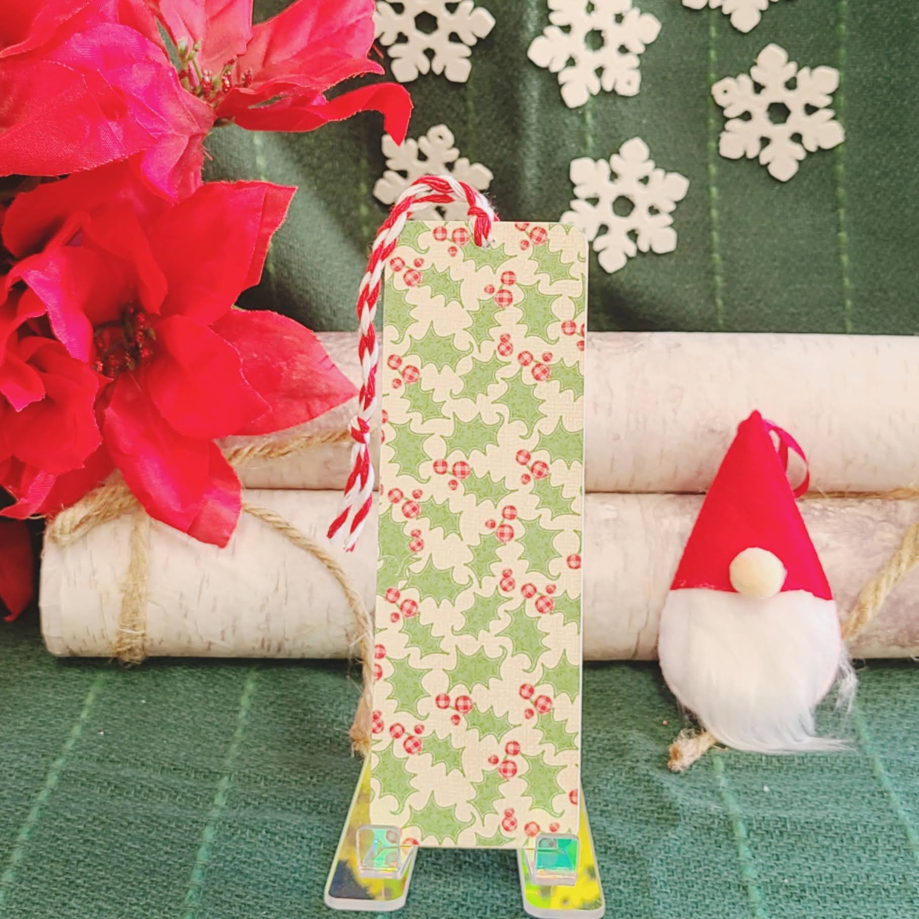 Stitched Holly Wooden Bookmark