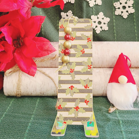 Holly On Stripe Wooden Bookmark